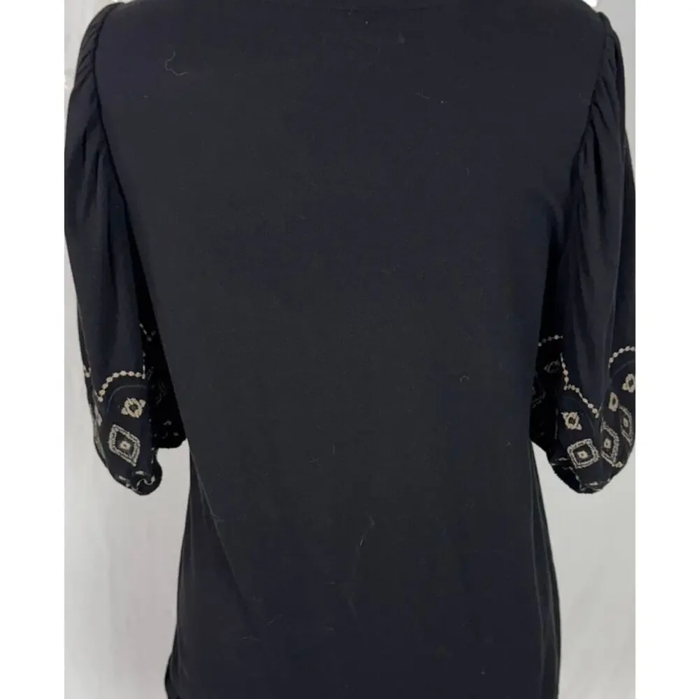 LOFT Womens Medium Black Puff Sleeve Top 100% Cotton
